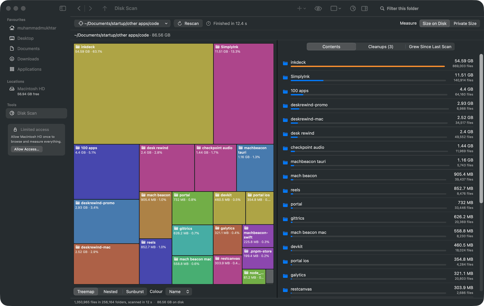 FileBeacon Disk Scan: a treemap of a folder's contents by size, with a sorted list of the largest folders beside it