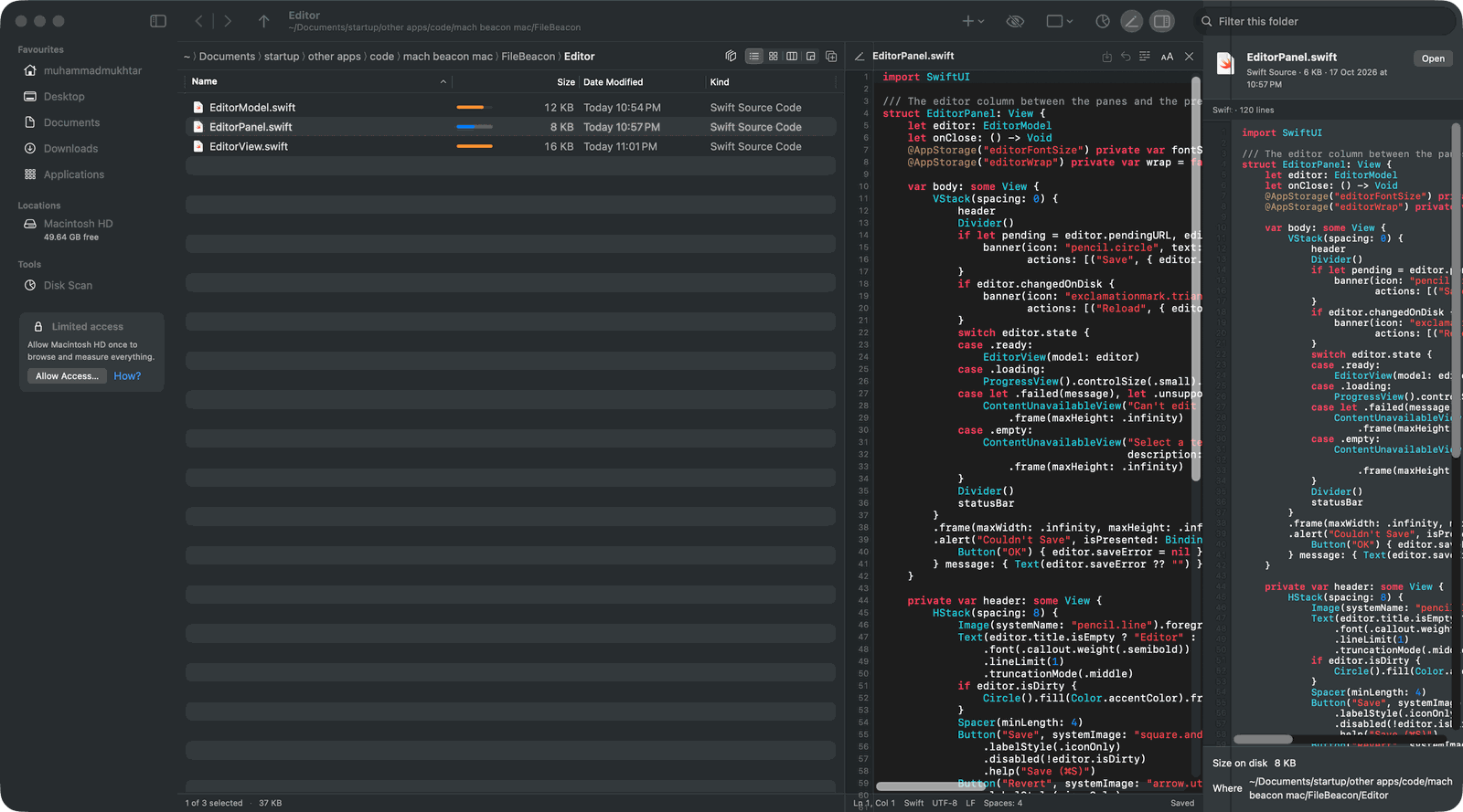FileBeacon window: a folder of Swift files in the list, the selected file open in the built-in editor with syntax highlighting and line numbers, and its preview on the right