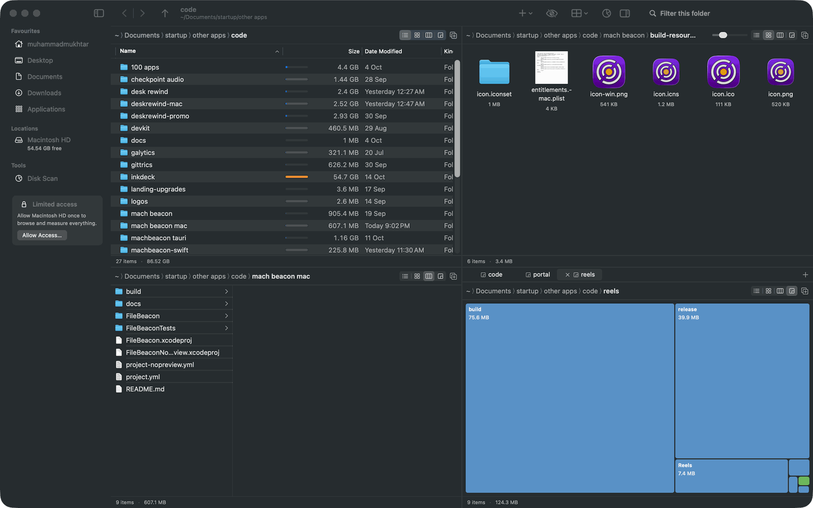 FileBeacon with four panes: a list with folder sizes, an icon view, a columns view and a sizes treemap, each with its own tabs