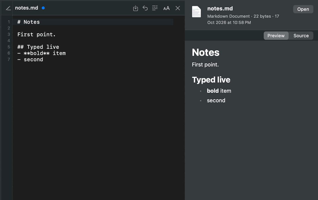 A Markdown file open in the FileBeacon editor on the left, with its rendered preview updating live on the right