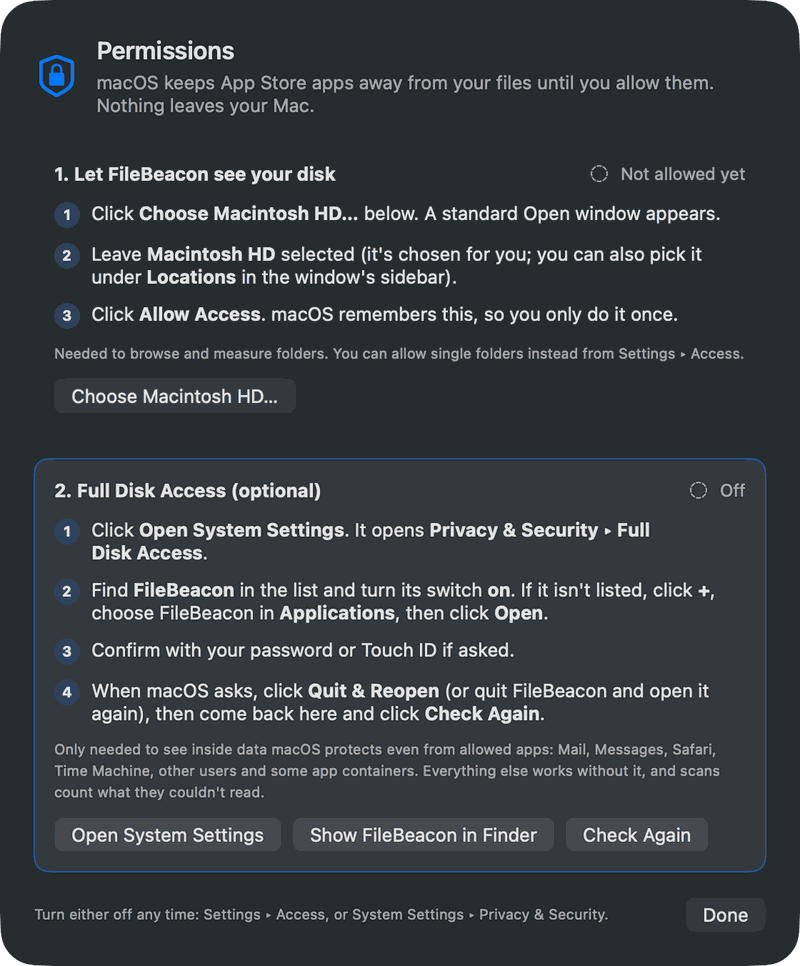 FileBeacon Permissions guide: step one, choose Macintosh HD in the Open window; step two, optional Full Disk Access with Open System Settings and Check Again buttons