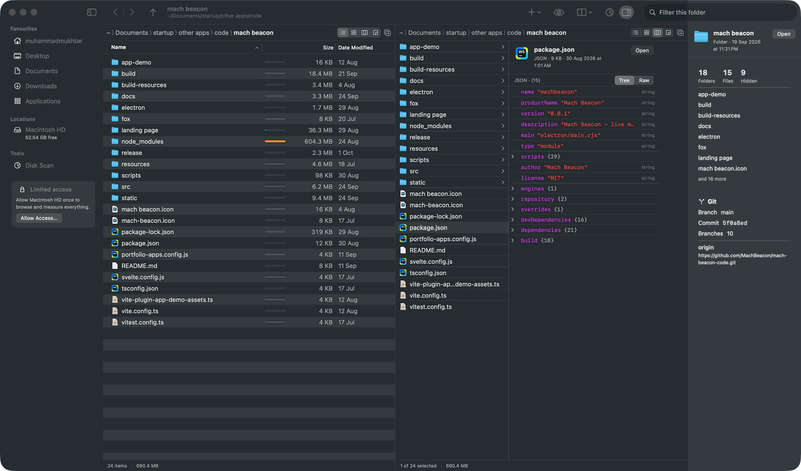 FileBeacon previewing package.json as a collapsible tree, next to a folder summary with a Git card showing branch, commit and remote
